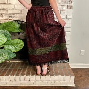 Vintage Mary Flaherty Ireland Wool Wrap Tapestry Fringe Purple Green Maxi Skirt
